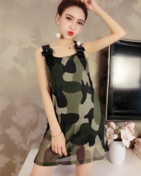 Splice chiffon army uniform wide shoulder strap dress