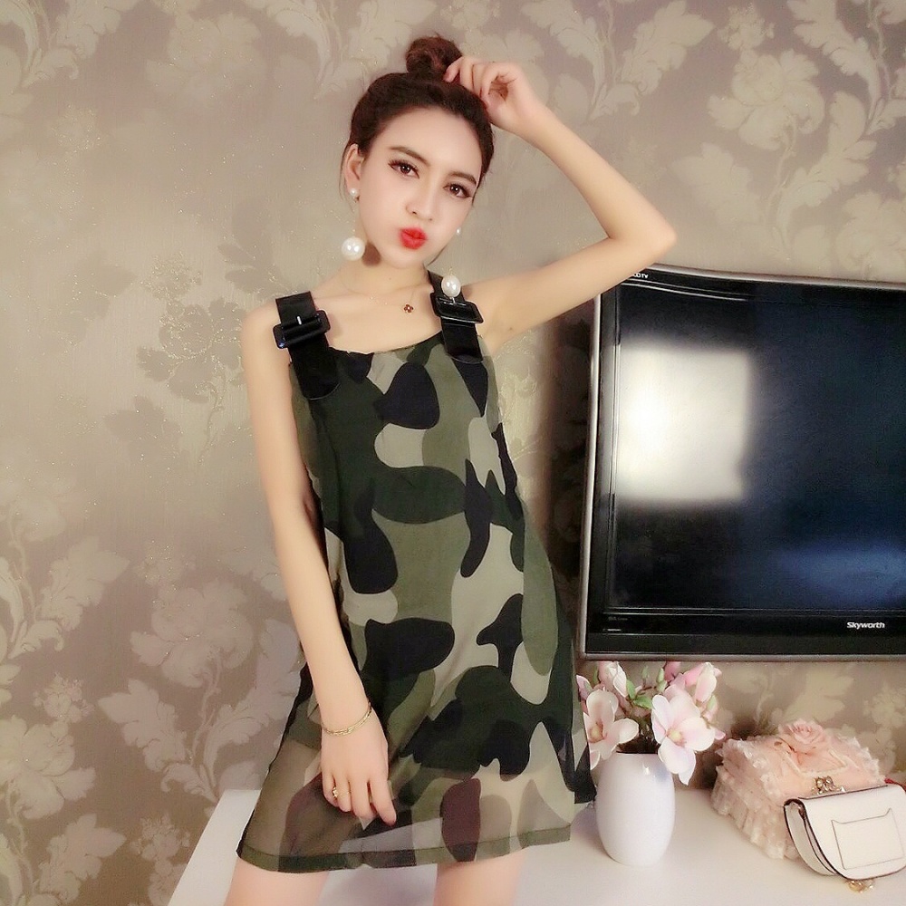 Splice chiffon army uniform wide shoulder strap dress