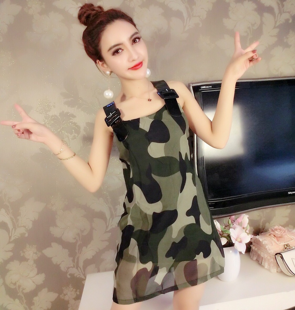 Splice chiffon army uniform wide shoulder strap dress