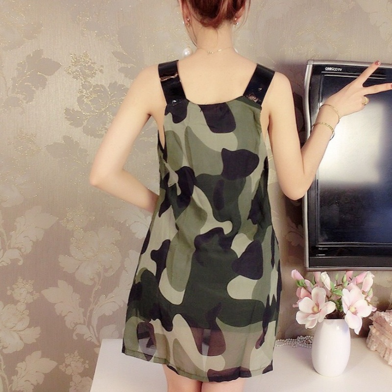 Splice chiffon army uniform wide shoulder strap dress