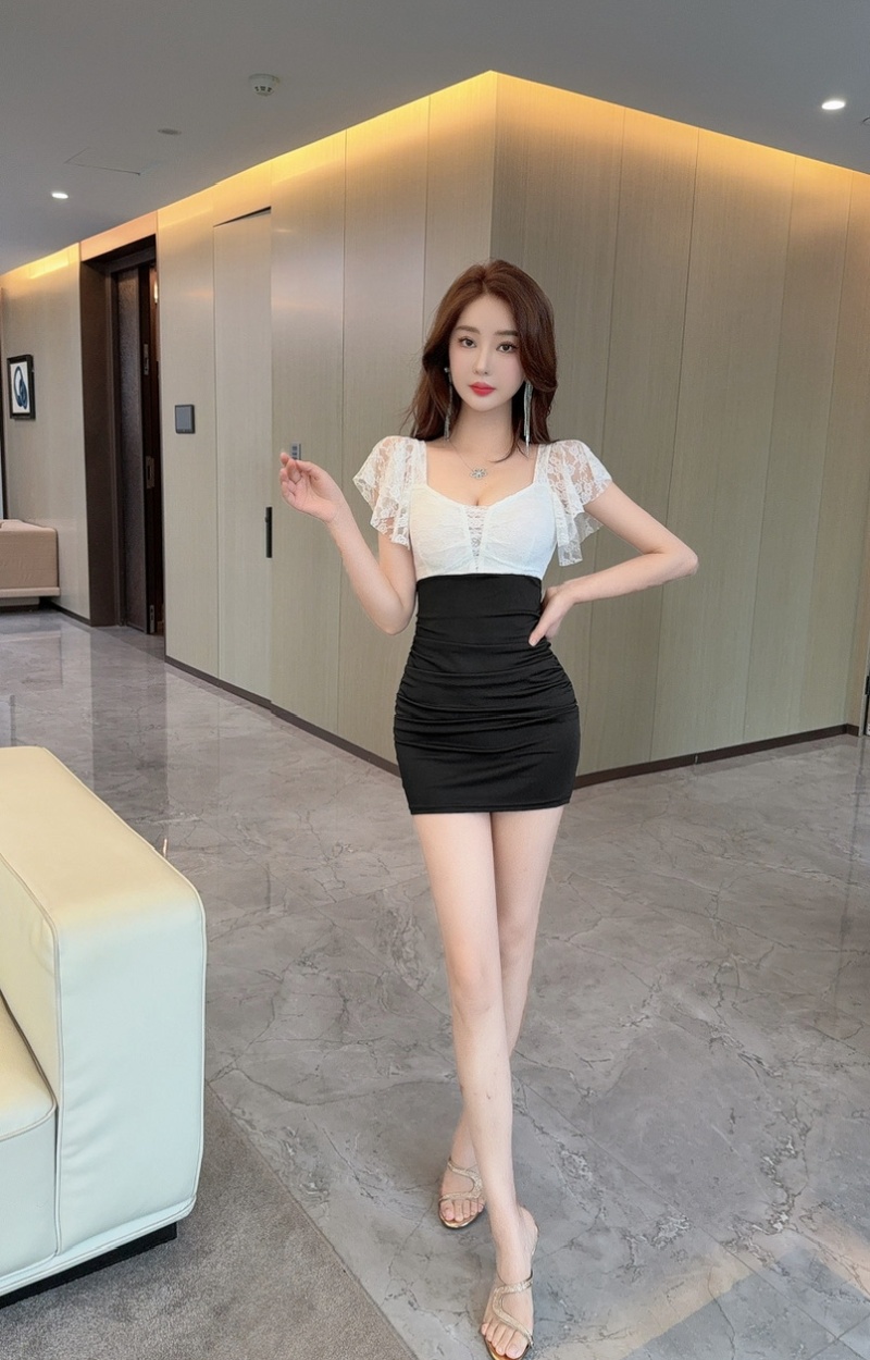 Bottoming lace short sleeve mixed colors sexy dress