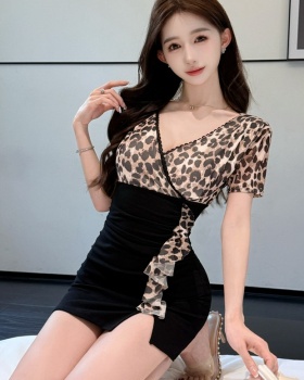 Leopard short splice mixed colors bottoming dress