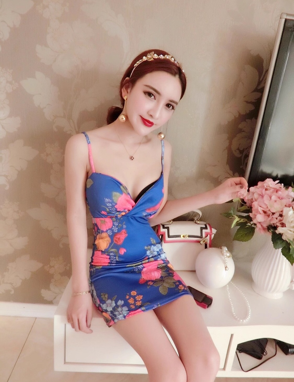 Sexy printing T-back package hip tight dress for women