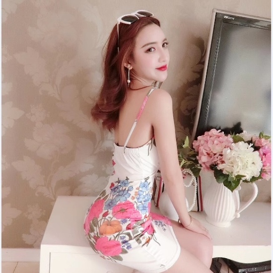 Sexy printing T-back package hip tight dress for women