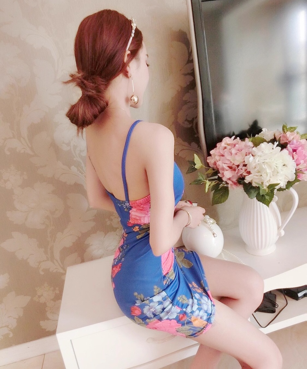 Sexy printing T-back package hip tight dress for women