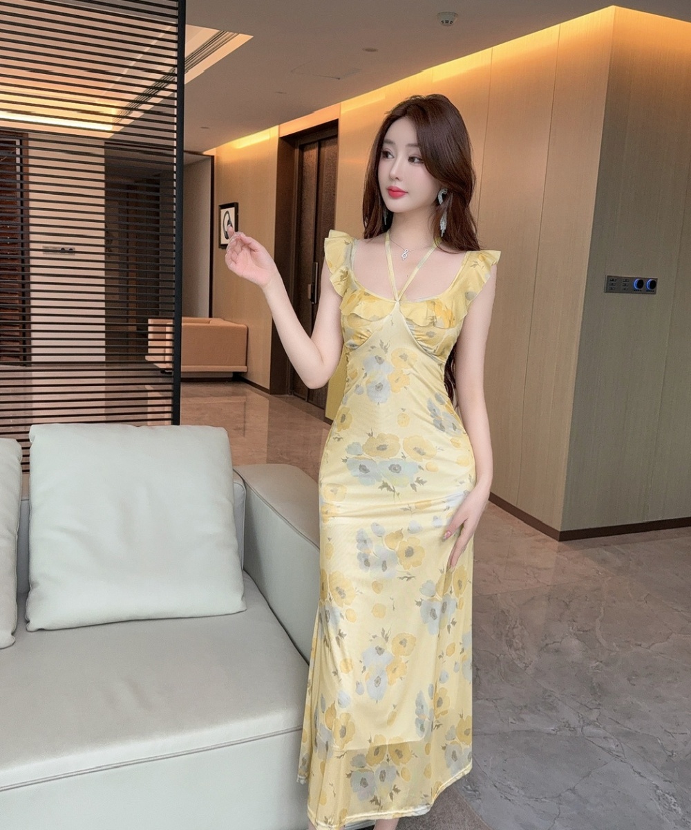 Bottoming printing gauze sexy long dress