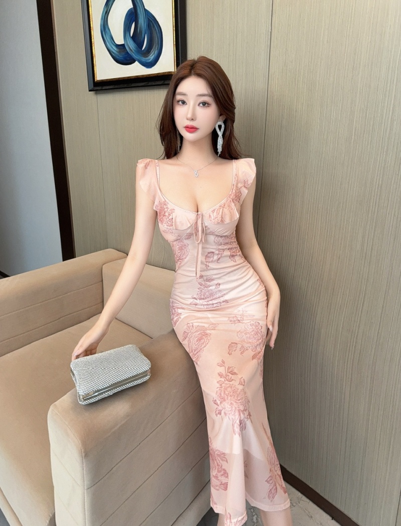 Bottoming printing gauze sexy long dress