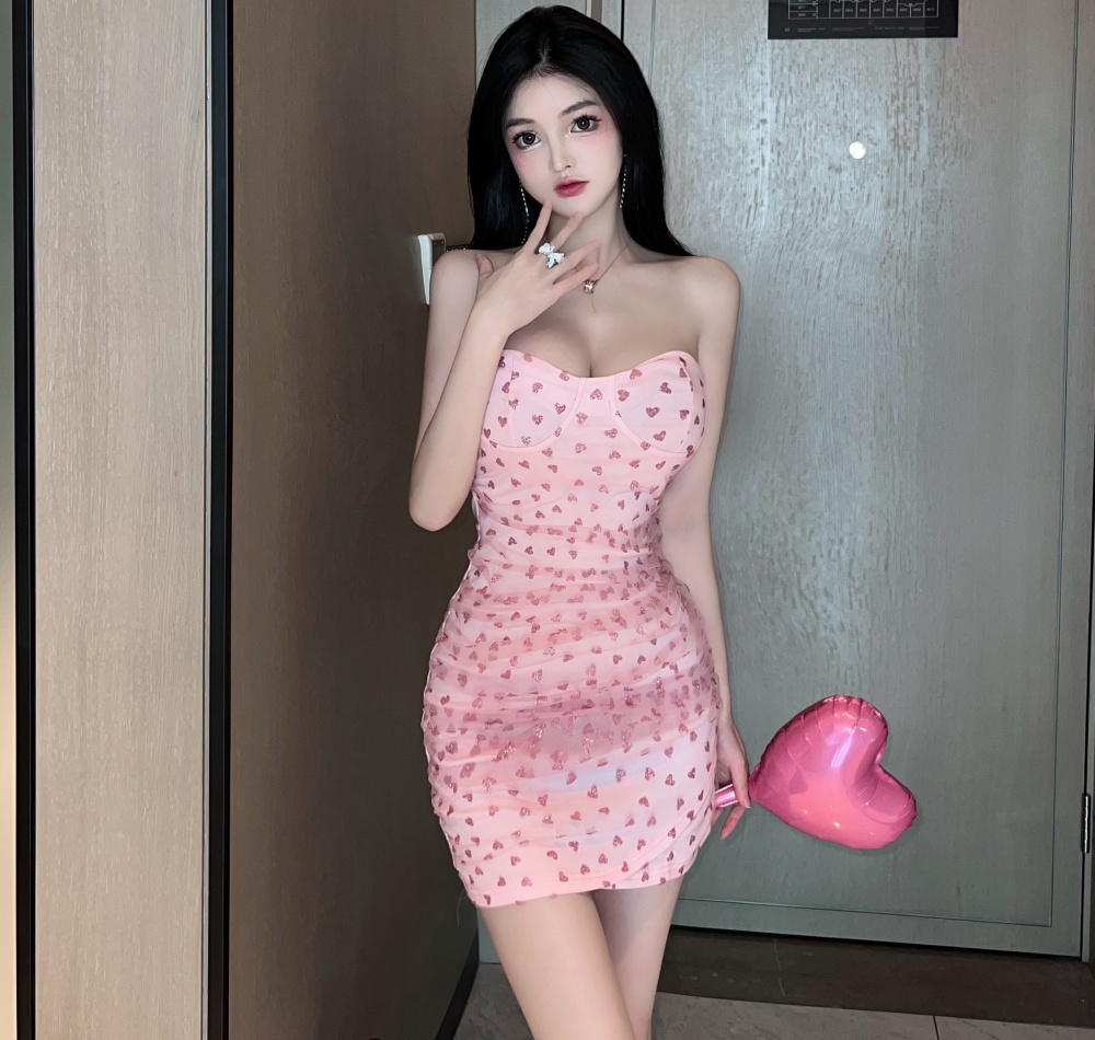Pink slim tight sexy package hip wrapped chest gauze dress