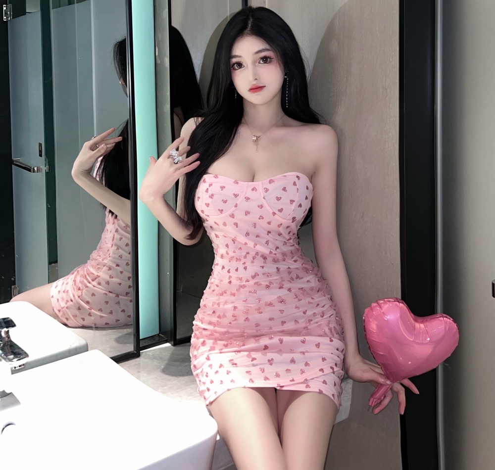 Pink slim tight sexy package hip wrapped chest gauze dress