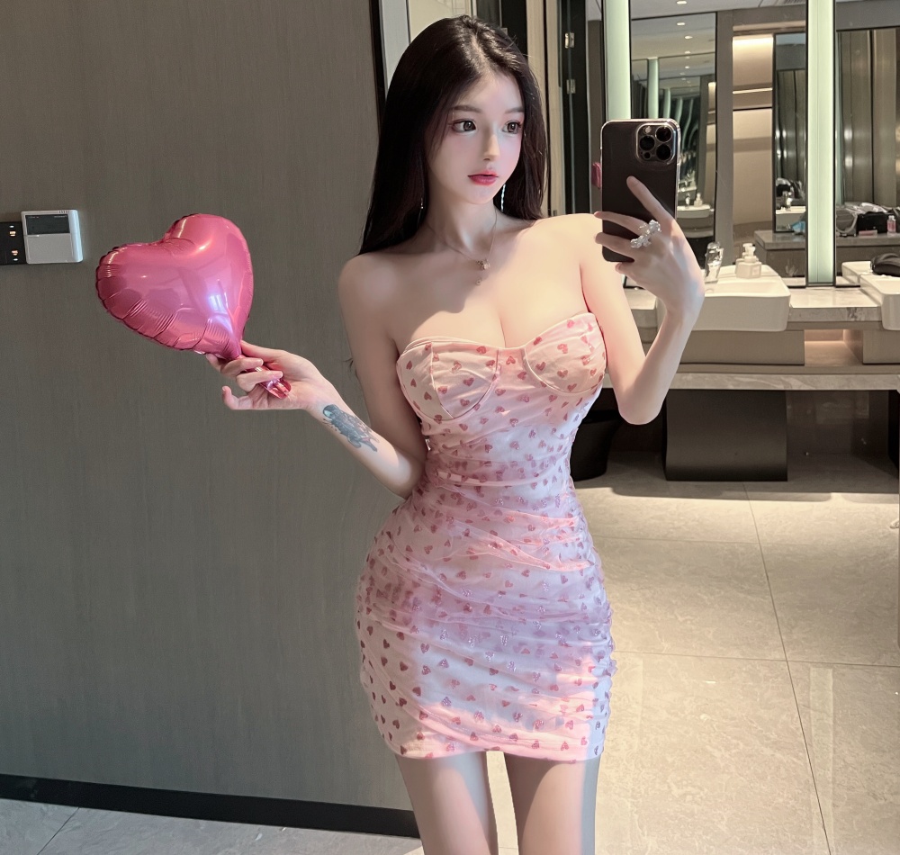 Pink slim tight sexy package hip wrapped chest gauze dress