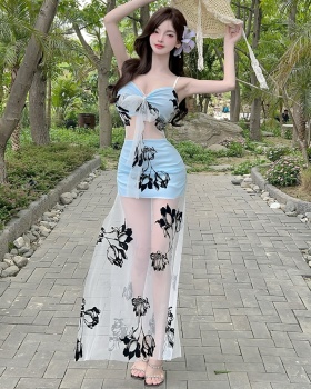 Bottoming hollow sexy sling jacquard long gauze dress