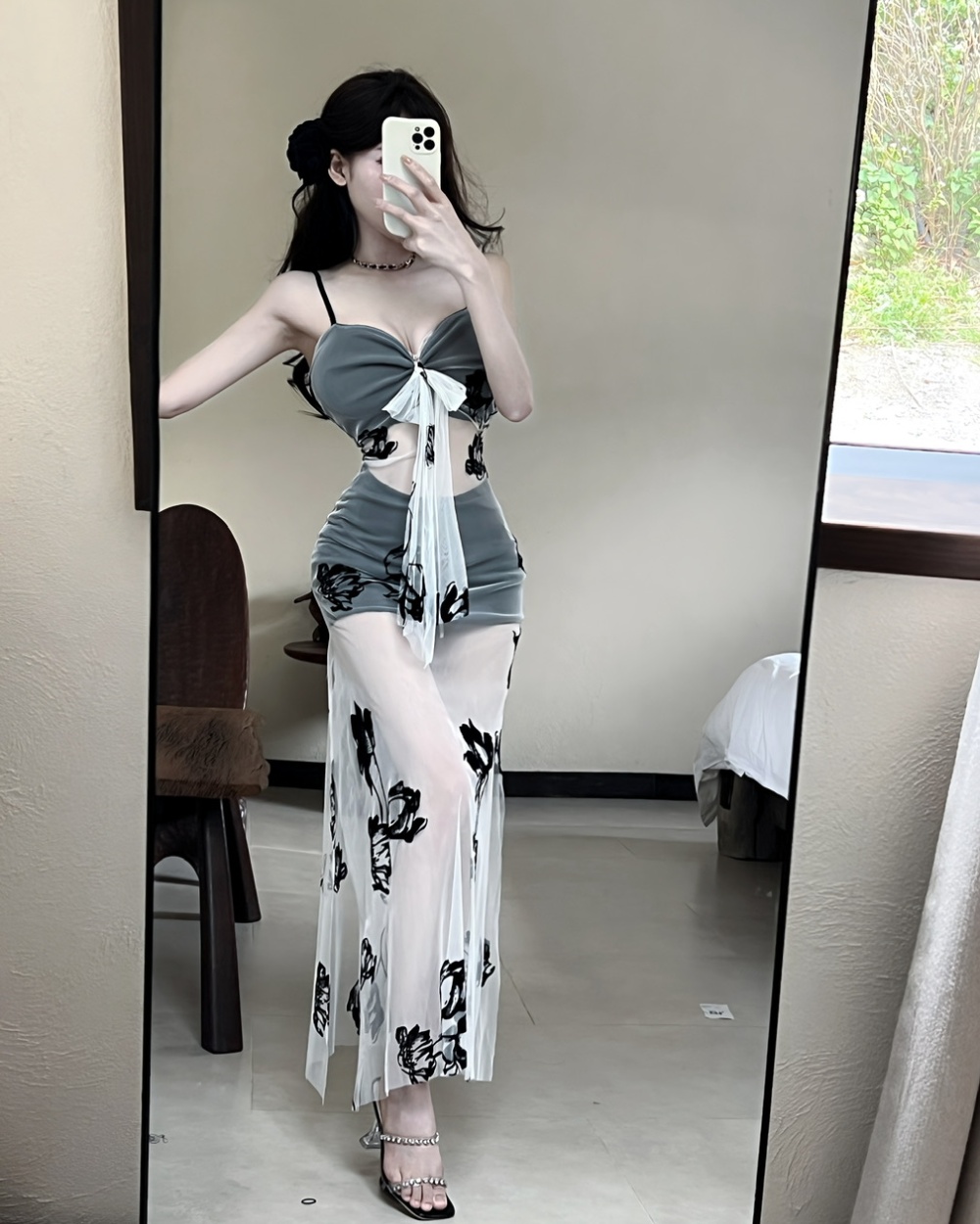 Bottoming hollow sexy sling jacquard long gauze dress