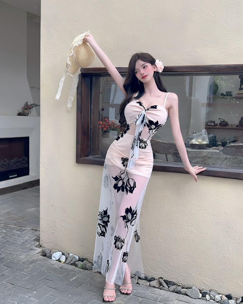 Bottoming hollow sexy sling jacquard long gauze dress