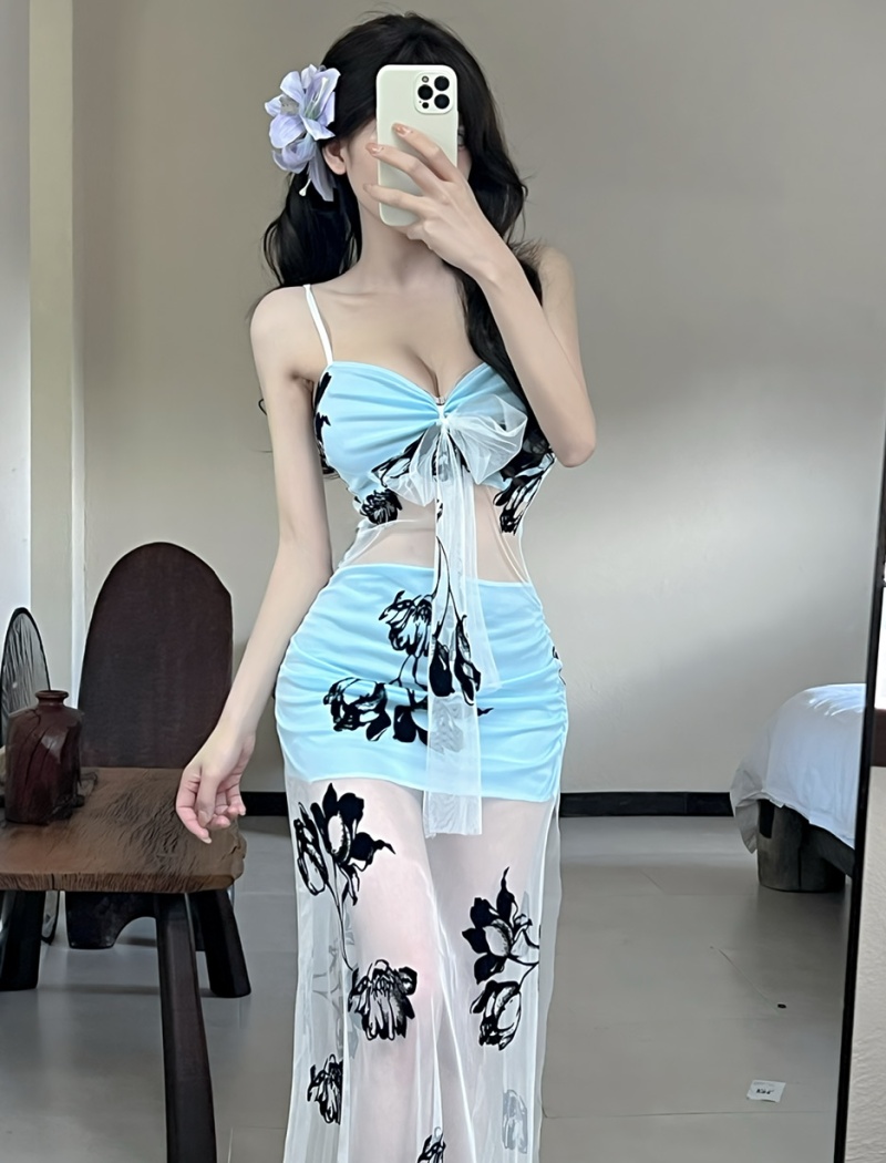 Bottoming hollow sexy sling jacquard long gauze dress