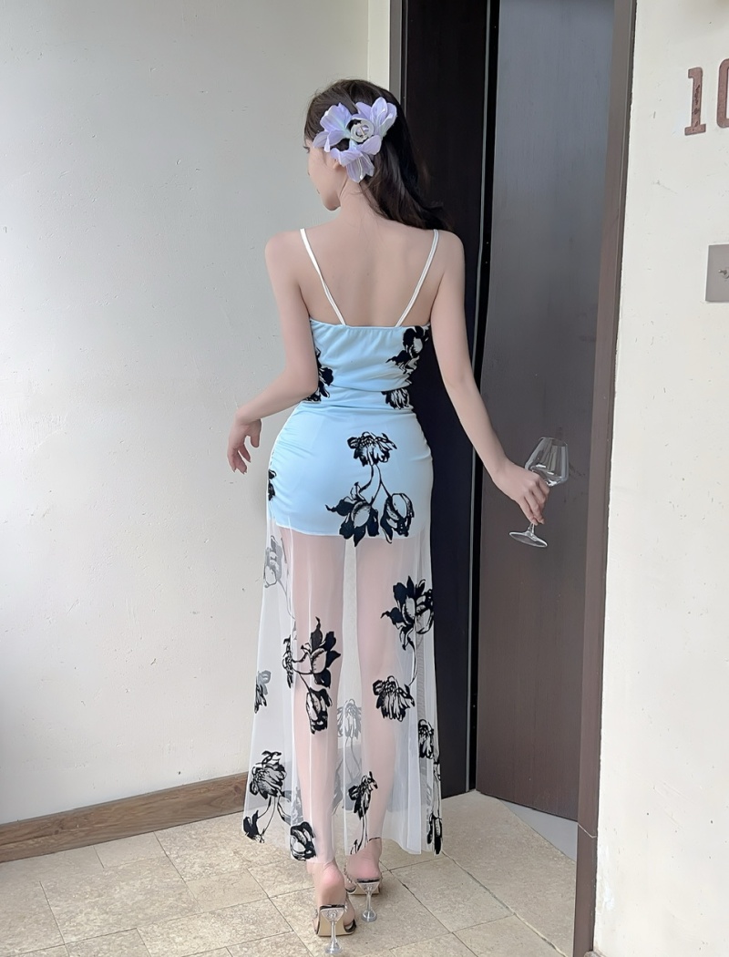 Bottoming hollow sexy sling jacquard long gauze dress