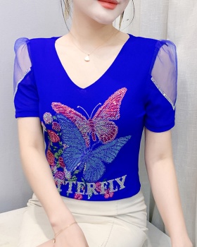 Short sleeve gauze T-shirt rhinestone tops for women