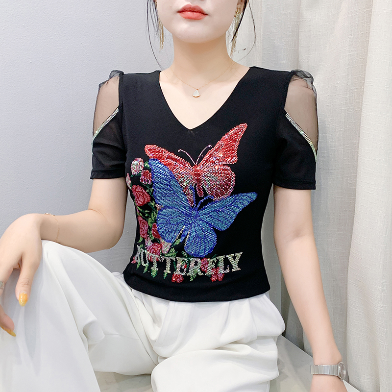 Short sleeve gauze T-shirt rhinestone tops for women