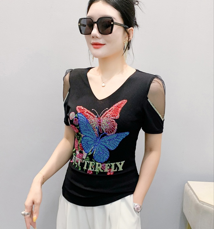 Short sleeve gauze T-shirt rhinestone tops for women