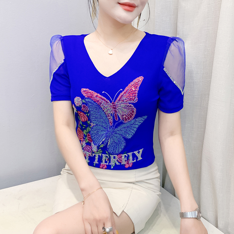 Short sleeve gauze T-shirt rhinestone tops for women