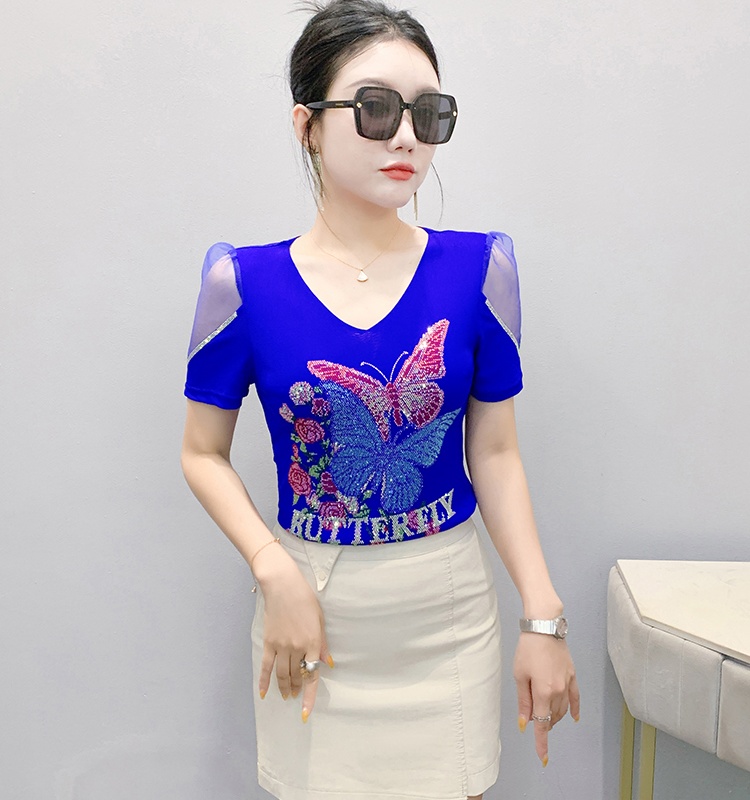 Short sleeve gauze T-shirt rhinestone tops for women