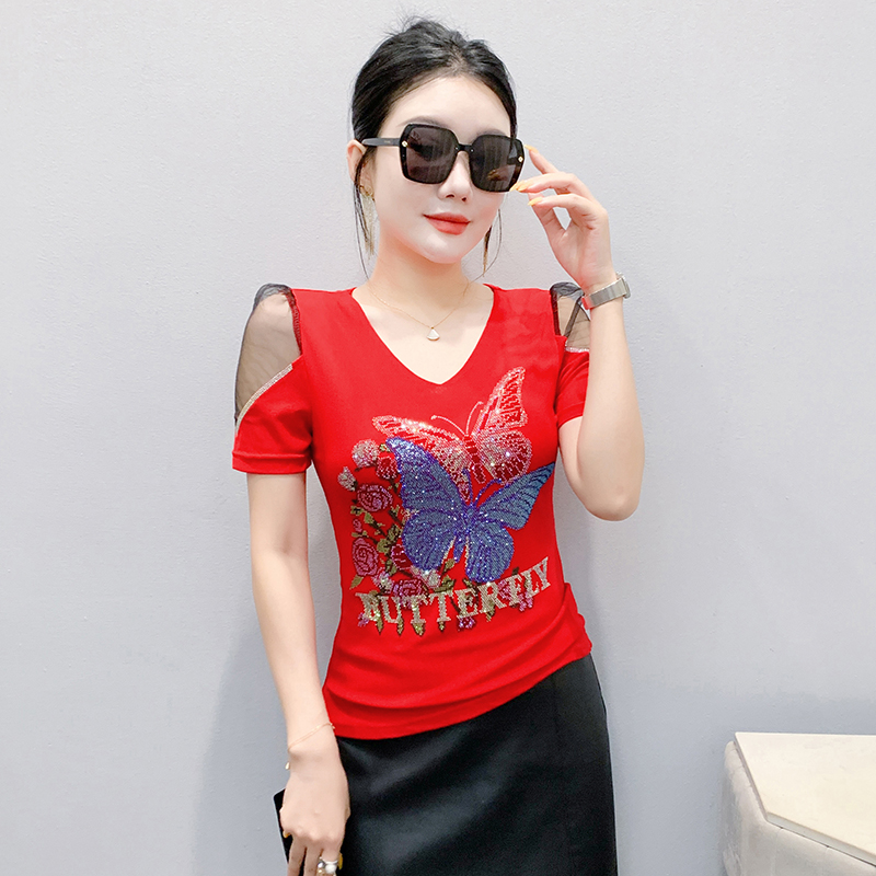 Short sleeve gauze T-shirt rhinestone tops for women