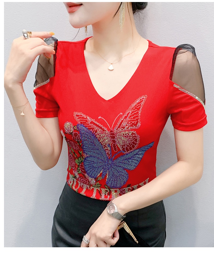 Short sleeve gauze T-shirt rhinestone tops for women