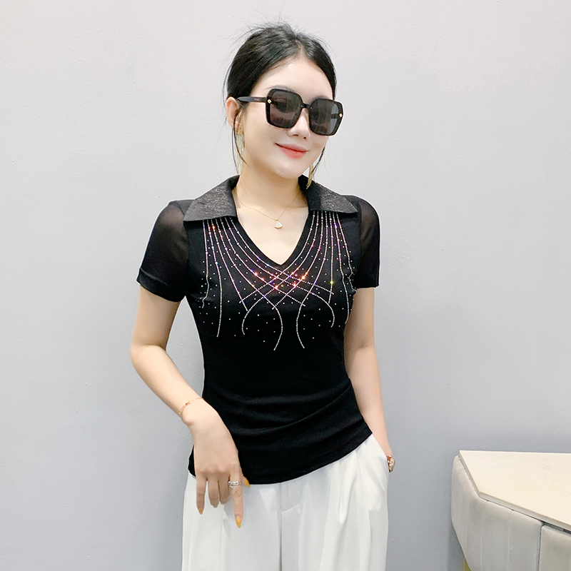 Short sleeve gauze shirt collar slim T-shirt for women