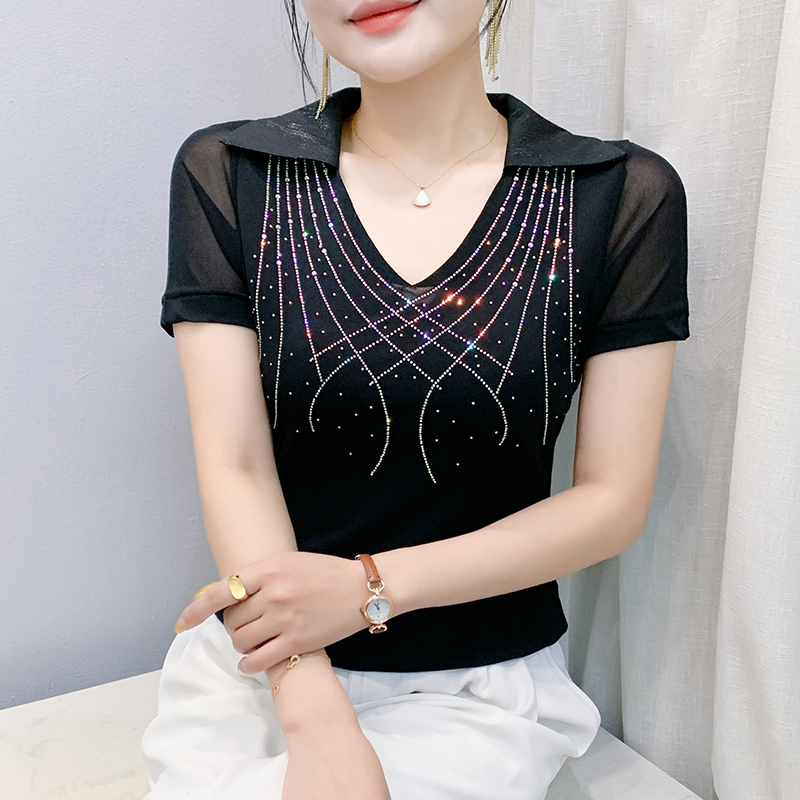 Short sleeve gauze shirt collar slim T-shirt for women