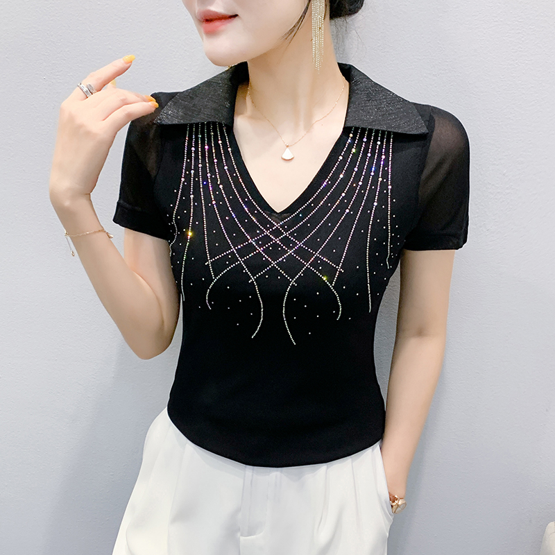 Short sleeve gauze shirt collar slim T-shirt for women