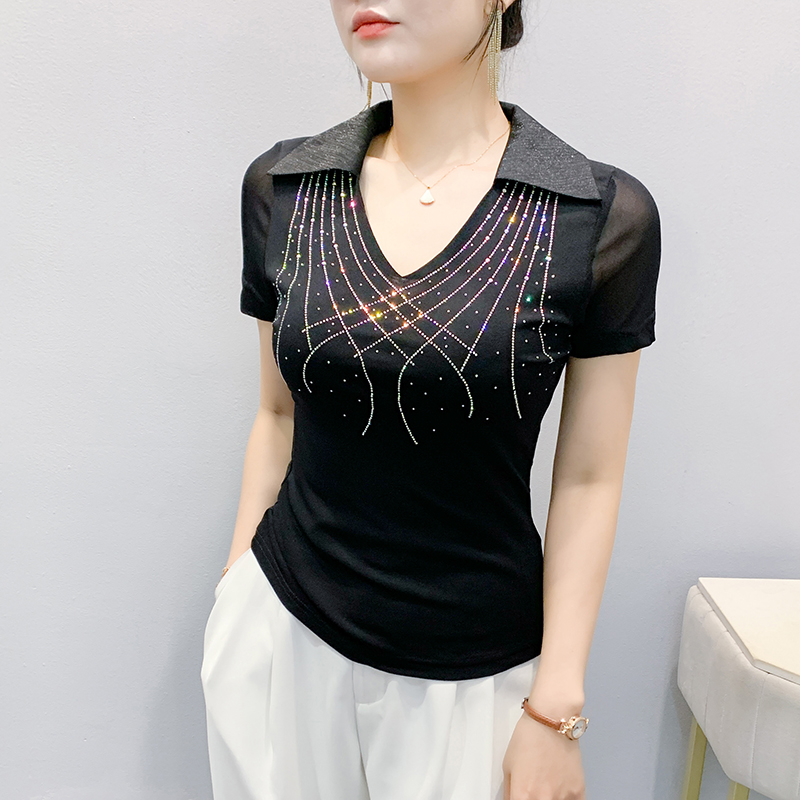 Short sleeve gauze shirt collar slim T-shirt for women