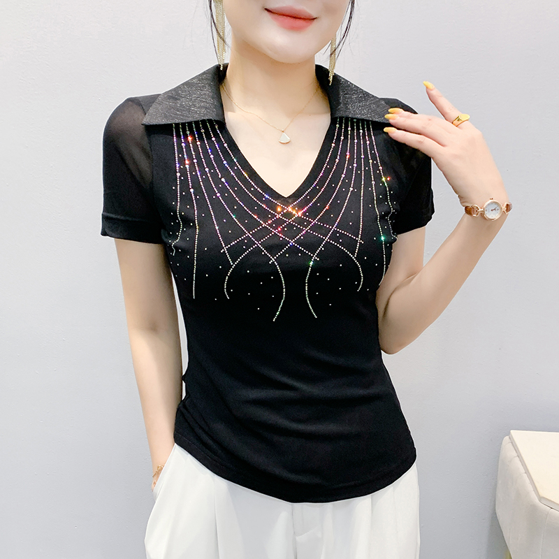 Short sleeve gauze shirt collar slim T-shirt for women
