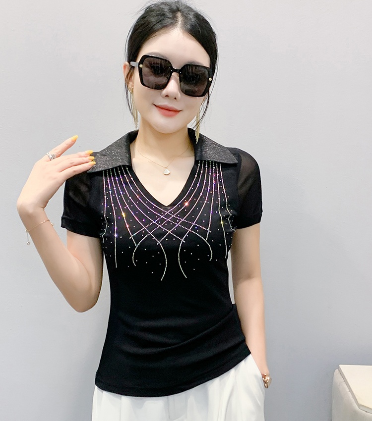 Short sleeve gauze shirt collar slim T-shirt for women