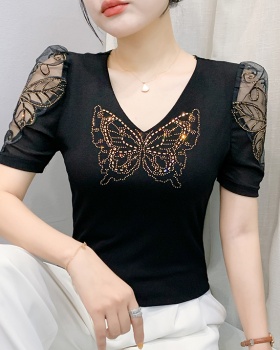 Fashion rhinestone puff sleeve lace gauze V-neck large yard T-shirt