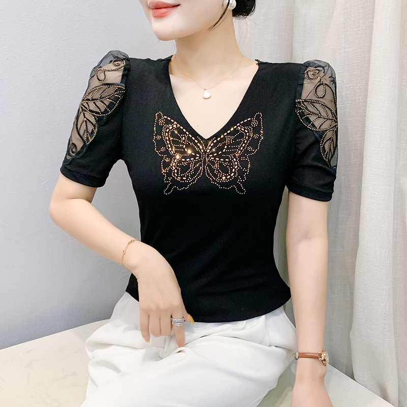 Fashion rhinestone puff sleeve lace gauze V-neck large yard T-shirt