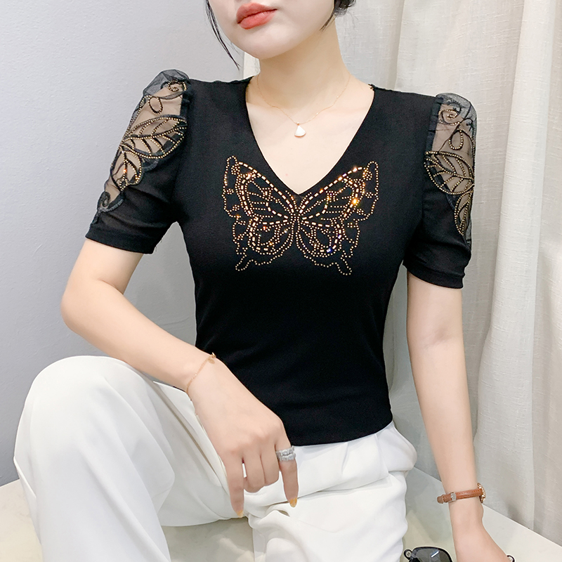Fashion rhinestone puff sleeve lace gauze V-neck large yard T-shirt
