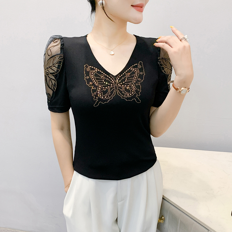 Fashion rhinestone puff sleeve lace gauze V-neck large yard T-shirt