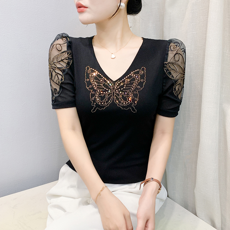 Fashion rhinestone puff sleeve lace gauze V-neck large yard T-shirt