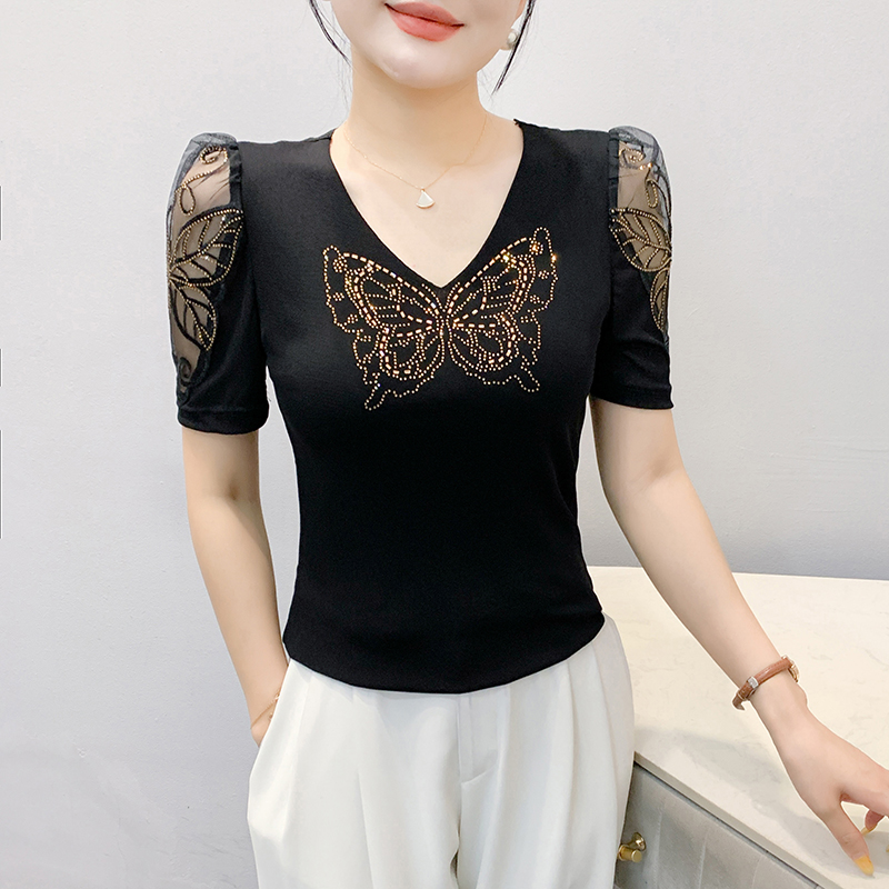 Fashion rhinestone puff sleeve lace gauze V-neck large yard T-shirt