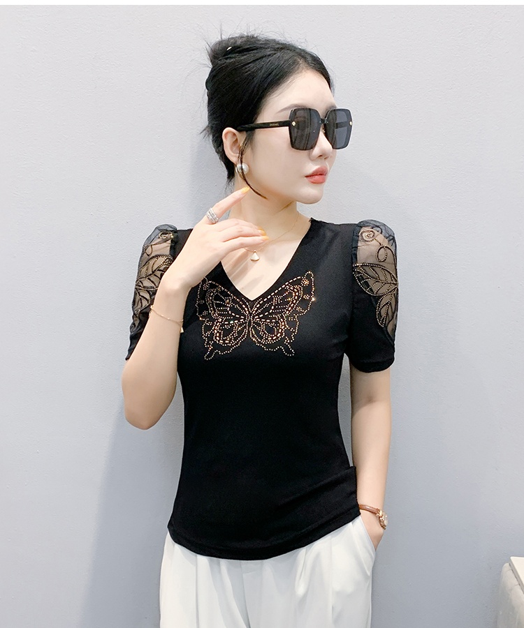 Fashion rhinestone puff sleeve lace gauze V-neck large yard T-shirt