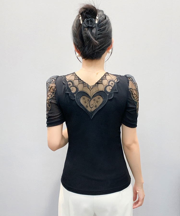 Fashion rhinestone puff sleeve lace gauze V-neck large yard T-shirt