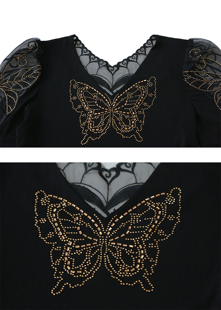 Fashion rhinestone puff sleeve lace gauze V-neck large yard T-shirt