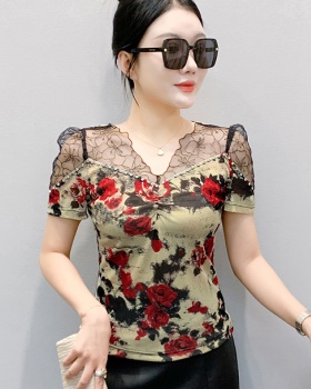 Beading short sleeve light luxury small shirt for women
