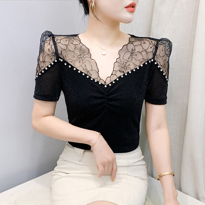 Beading short sleeve light luxury small shirt for women