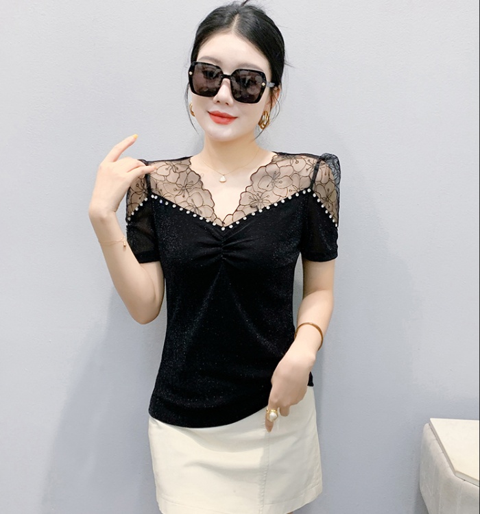 Beading short sleeve light luxury small shirt for women