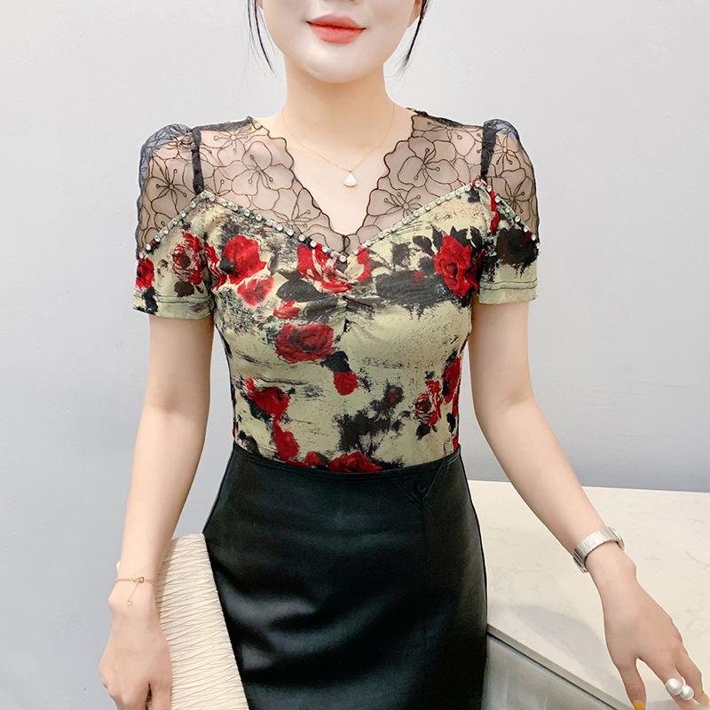 Beading short sleeve light luxury small shirt for women