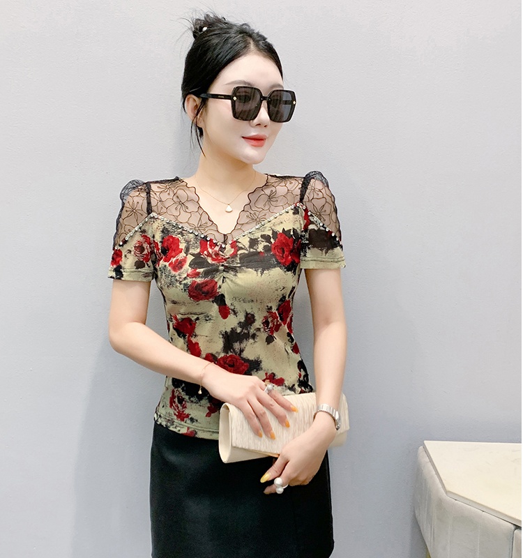 Beading short sleeve light luxury small shirt for women