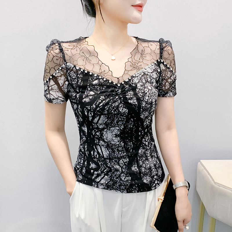 Beading short sleeve light luxury small shirt for women