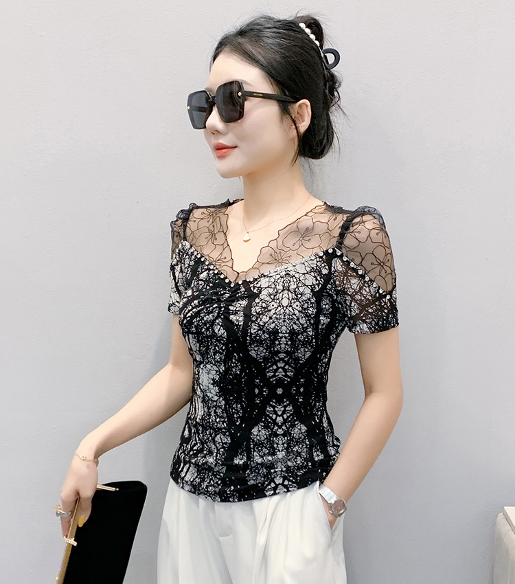 Beading short sleeve light luxury small shirt for women