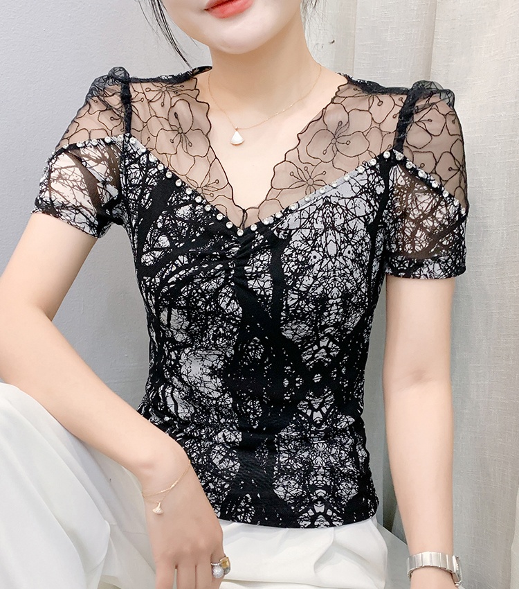 Beading short sleeve light luxury small shirt for women