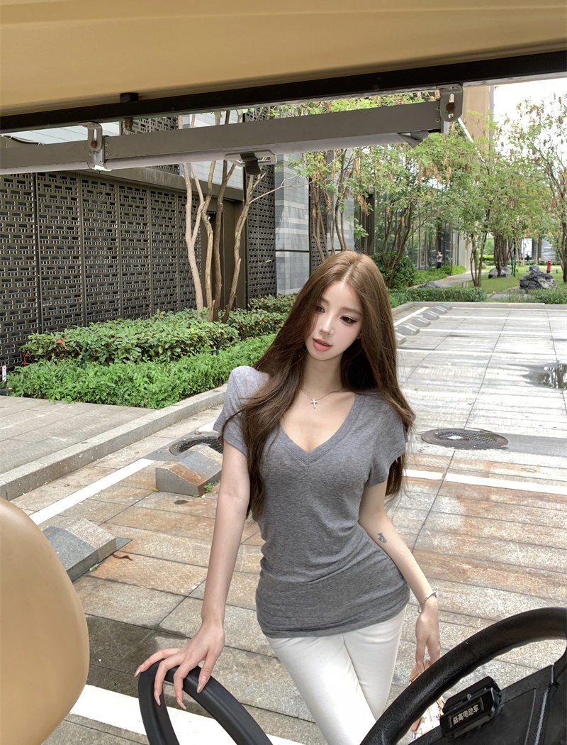 Summer long commuting T-shirt V-neck loose pure tops